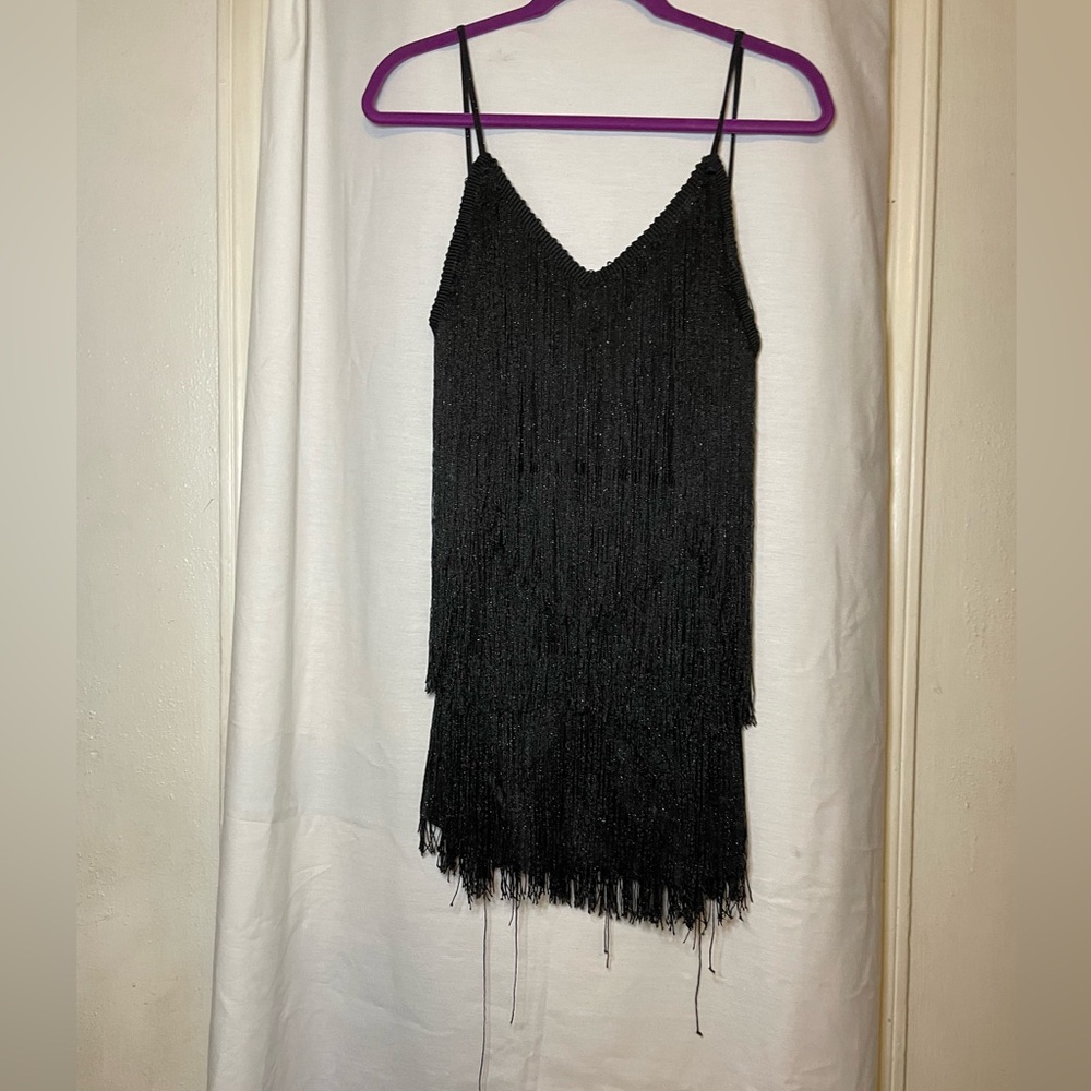 Black Sparkly Fringe Low Back Mini Dress Size L